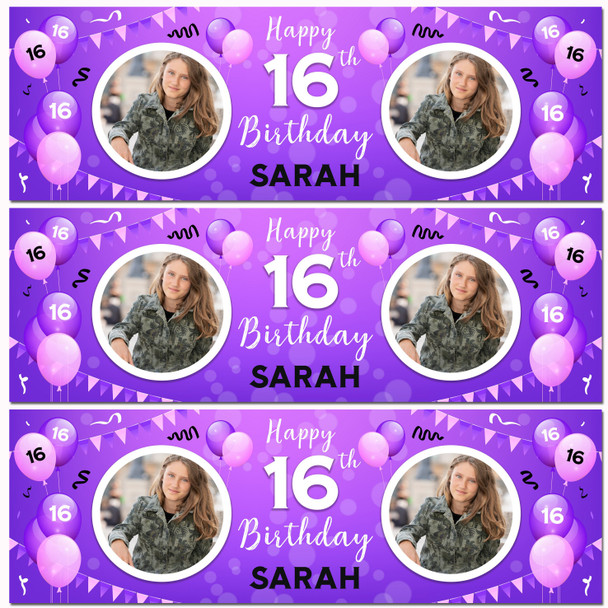Personalised Party Banner For 16th Birthday With Photo Female Purple Balloons