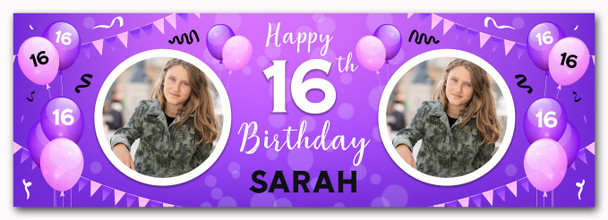 Personalised Party Banner For 16th Birthday With Photo Female Purple Balloons
