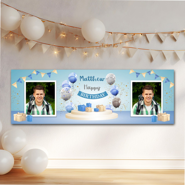 Personalised Party Banner For Birthday With Photo Male Blue Balloon Gift