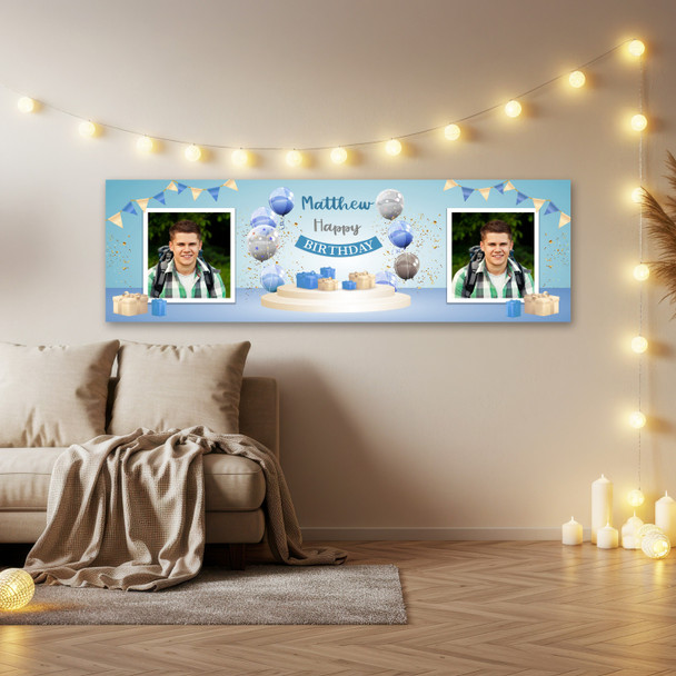 Personalised Party Banner For Birthday With Photo Male Blue Balloon Gift