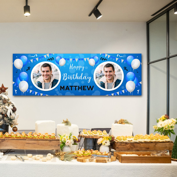 Personalised Party Banner For Birthday With Photo Male Blue Balloons
