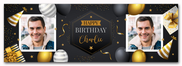 Personalised Party Banner For Birthday With Photo Male Gold Black Balloons