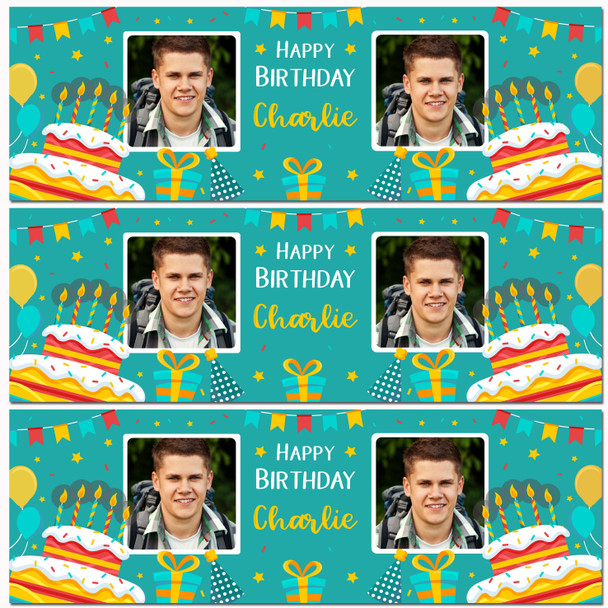 Personalised Party Banner For Birthday With Photo Male Turquoise Cake