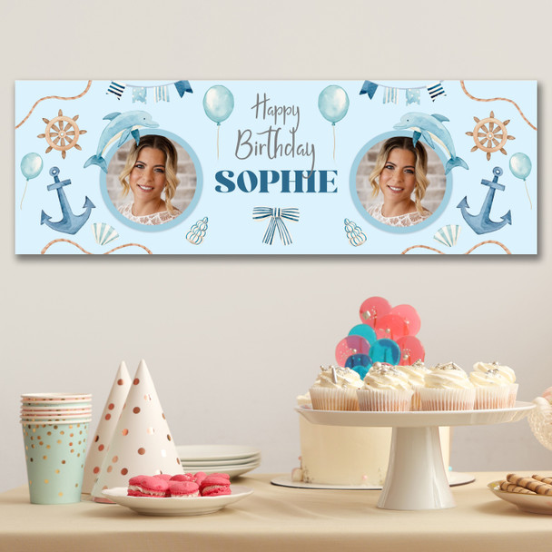 Personalised Party Banner For Birthday With Photo Nautical Sea Blue