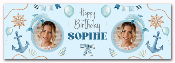 Personalised Party Banner For Birthday With Photo Nautical Sea Blue