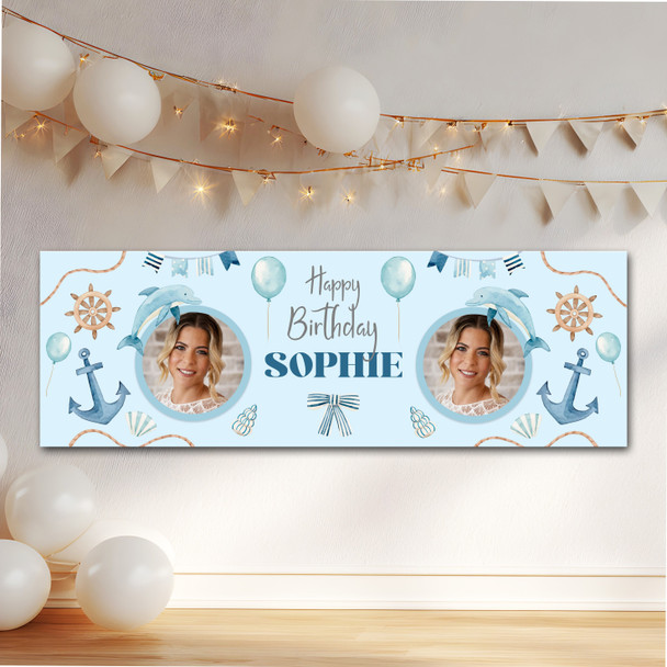 Personalised Party Banner For Birthday With Photo Nautical Sea Blue