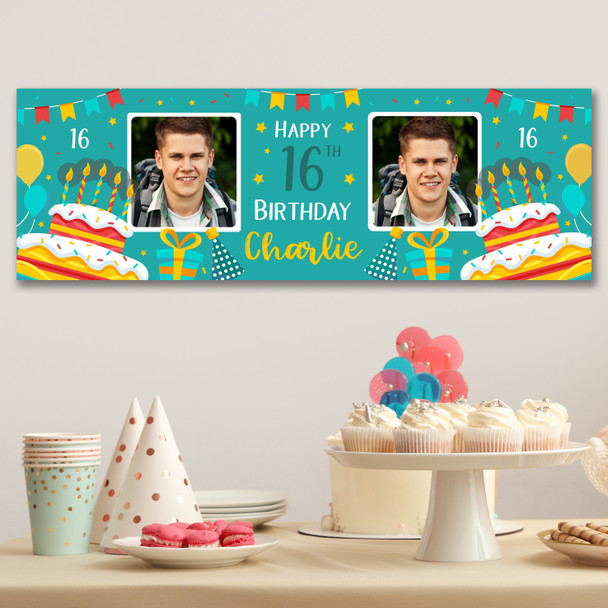 Personalised Party Banner For 16th Birthday With Photo Male Turquoise Cake