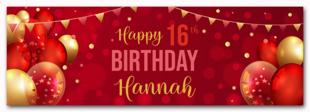 Personalised Party Banner For 16th Birthday Red Gold Balloons
