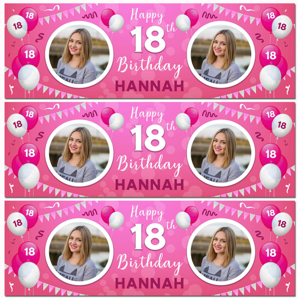 Personalised Party Banner For 18th Birthday With Photo Female Pink Balloons