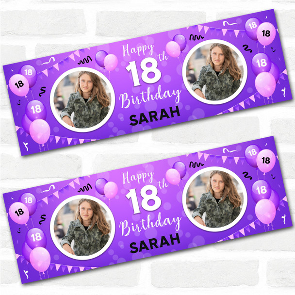 Personalised Party Banner For 18th Birthday With Photo Female Purple Balloons
