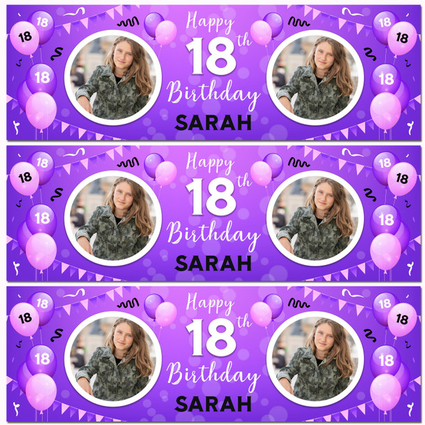 Personalised Party Banner For 18th Birthday With Photo Female Purple Balloons