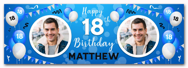 Personalised Party Banner For 18th Birthday With Photo Male Blue Balloons