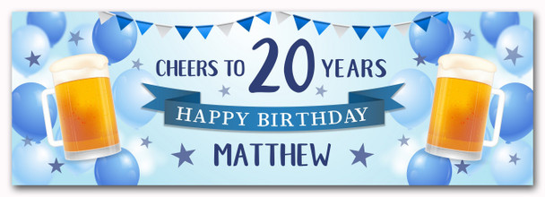 Personalised Party Banner For 20th Birthday Male Beer Blue Balloons