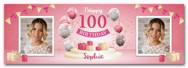 Personalised Party Banner For 100th Birthday With Photo Female Pink Balloon Gift