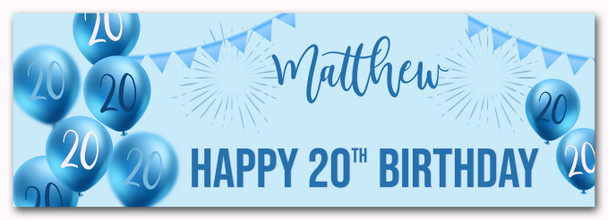 Personalised Party Banner For 20th Birthday Male Blue Balloon Star