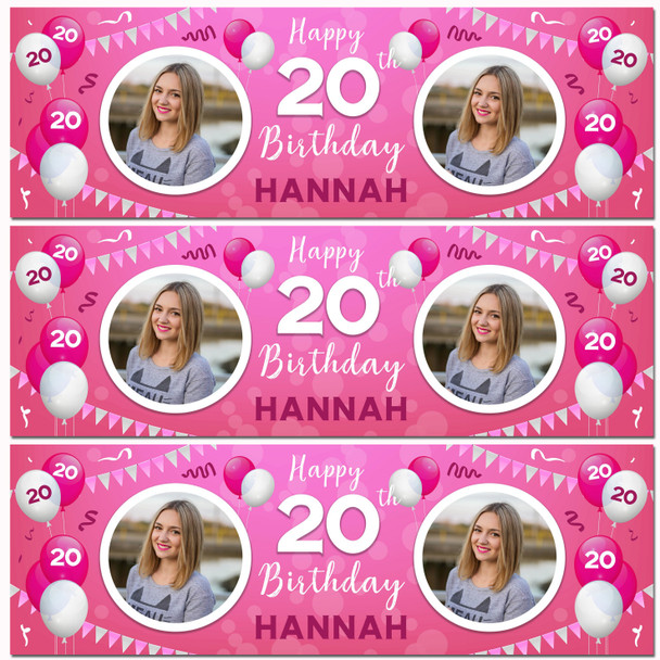 Personalised Party Banner For 20th Birthday With Photo Female Pink Balloons