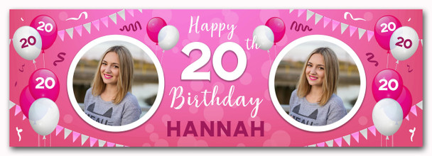 Personalised Party Banner For 20th Birthday With Photo Female Pink Balloons