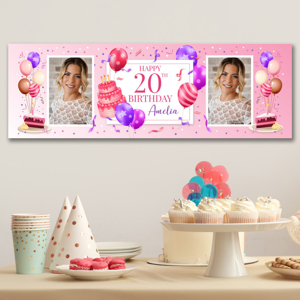 Personalised Party Banner For 20th Birthday With Photo Female Pink Cake