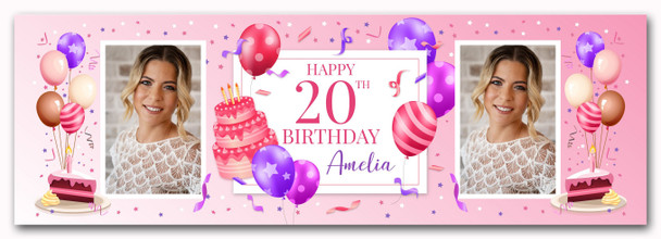 Personalised Party Banner For 20th Birthday With Photo Female Pink Cake
