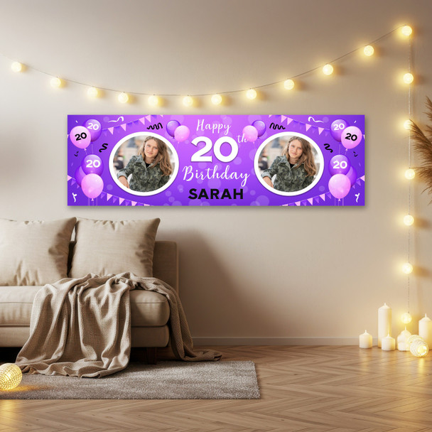 Personalised Party Banner For 20th Birthday With Photo Female Purple Balloons