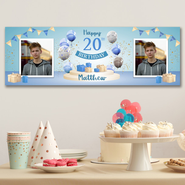Personalised Party Banner For 20th Birthday With Photo Male Blue Balloon Gift