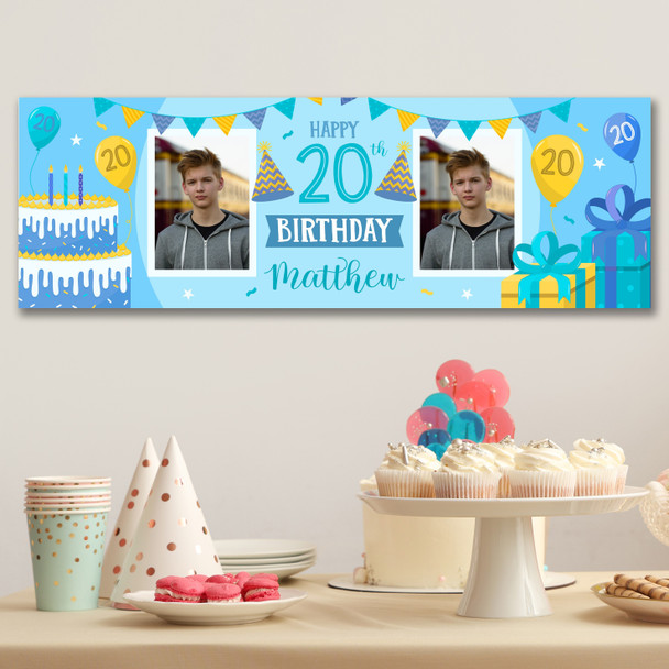 Personalised Party Banner For 20th Birthday With Photo Male Blue Cake Gift