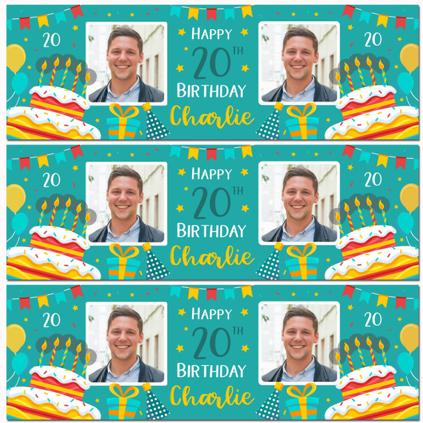 Personalised Party Banner For 20th Birthday With Photo Male Turquoise Cake