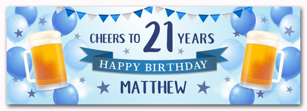 Personalised Party Banner For 21st Birthday Male Beer Blue Balloons