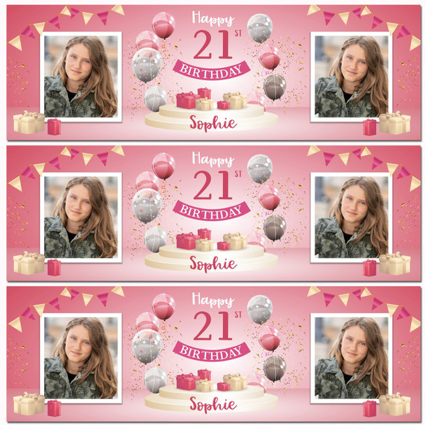 Personalised Party Banner For 21st Birthday With Photo Female Pink Balloon Gift