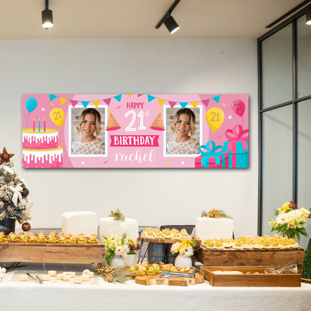 Personalised Party Banner For 21st Birthday With Photo Female Pink Cake Gift