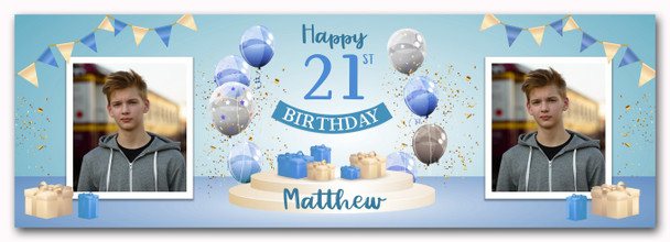 Personalised Party Banner For 21st Birthday With Photo Male Blue Balloon Gift