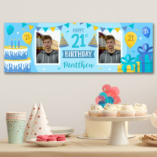 Personalised Party Banner For 21st Birthday With Photo Male Blue Cake Gift