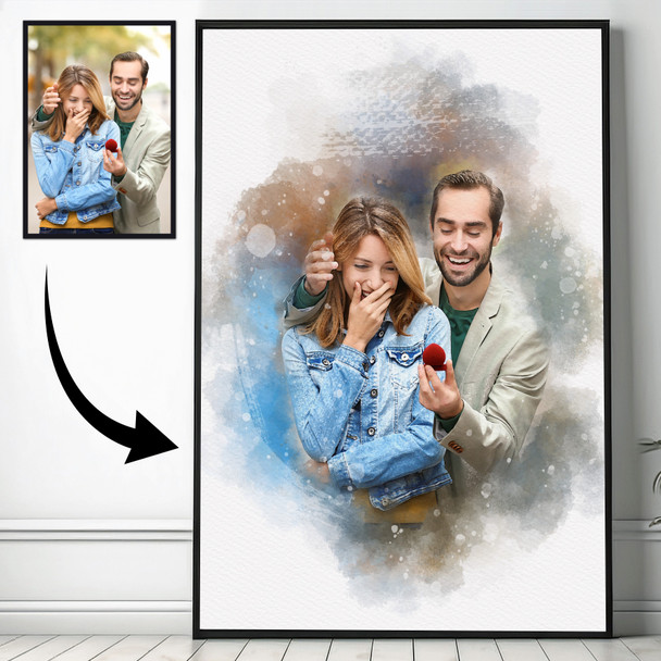Personalised Engagement Watercolour Portrait From Your Photo Custom Couple Gift, Print Or Canvas