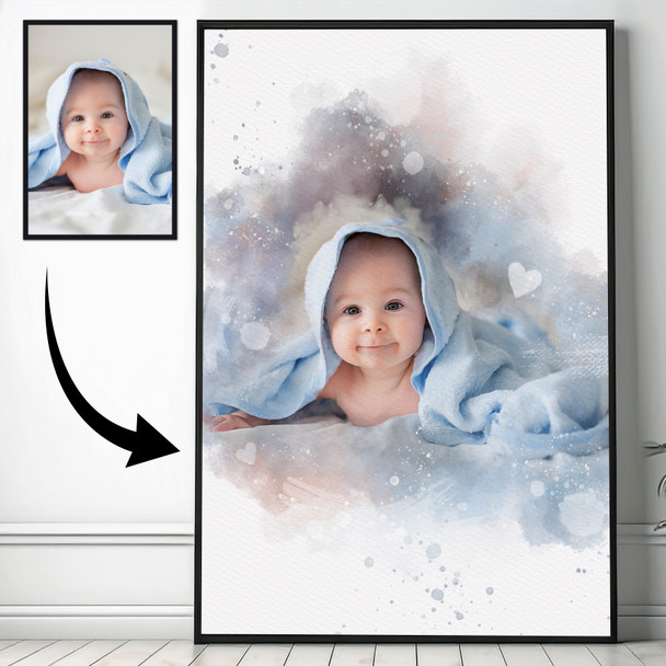 Personalised New Baby Watercolour Portrait From Your Photo, Baby Gift, Framed Print Canvas
