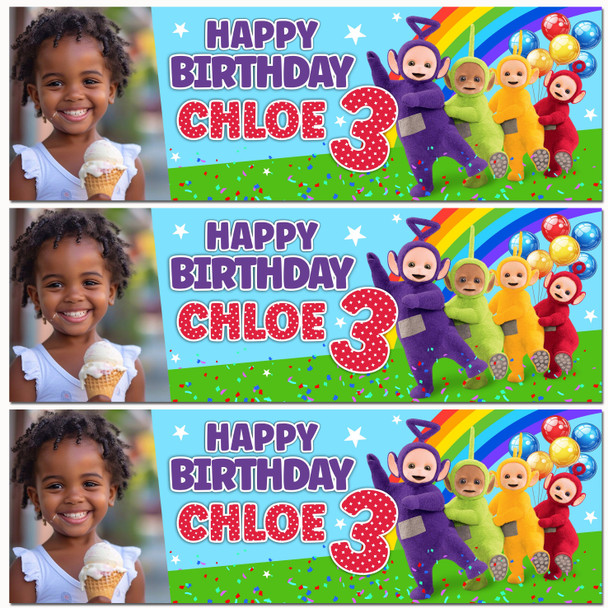 Personalised Party Banner For Kids Birthday Teletubbies Rainbow Photo