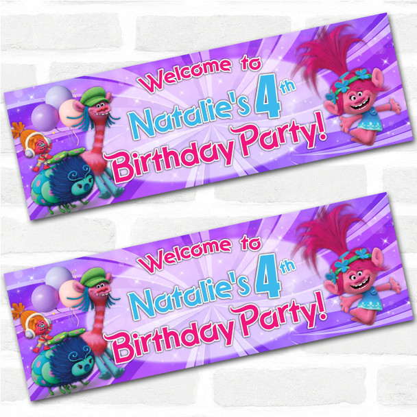 Personalised Party Banner For Kids Birthday Trolls Pink Purple