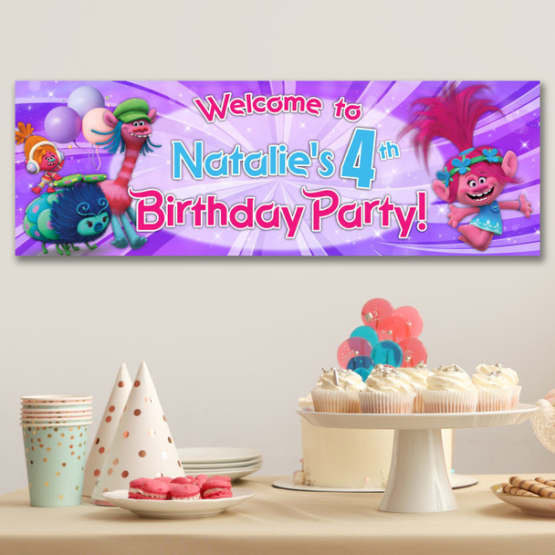 Personalised Party Banner For Kids Birthday Trolls Pink Purple