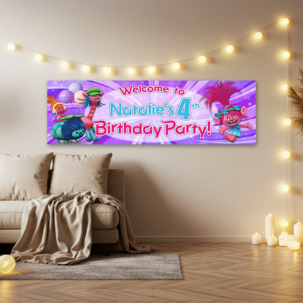 Personalised Party Banner For Kids Birthday Trolls Pink Purple