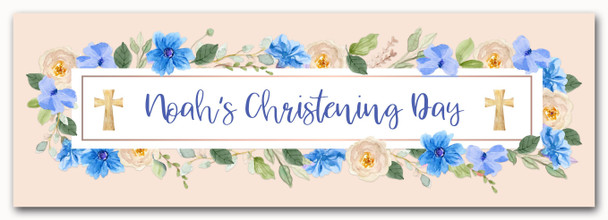 Personalised Party Banner For Christening Boy Blue Flowers Frame Cross