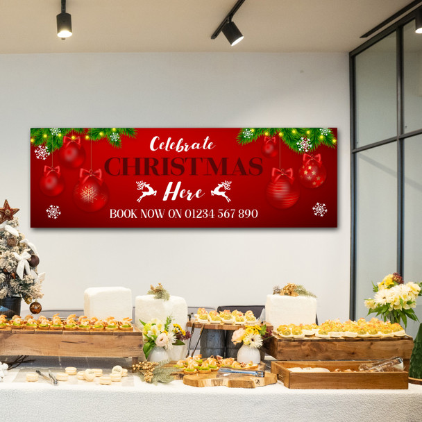 Personalised Party Banner For Christmas Celebrate Here Business Red Bauble