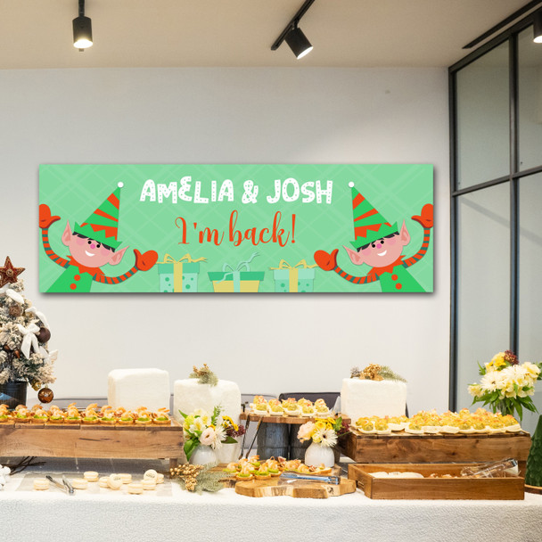Personalised Party Banner For Christmas Elf Arrival I'm Back! Green Gift