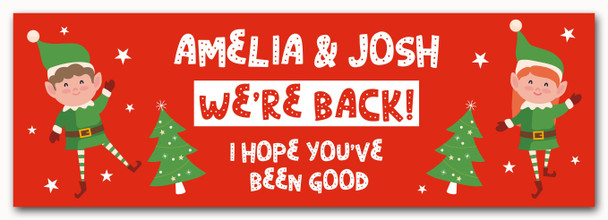 Personalised Party Banner For Christmas Elf Arrival We're Back! Green