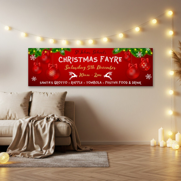 Personalised Party Banner For Christmas Fayre School Red Baubles