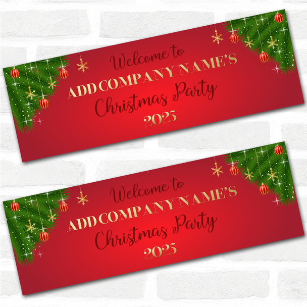 Personalised Party Banner For Christmas Party Red Gold Baubles