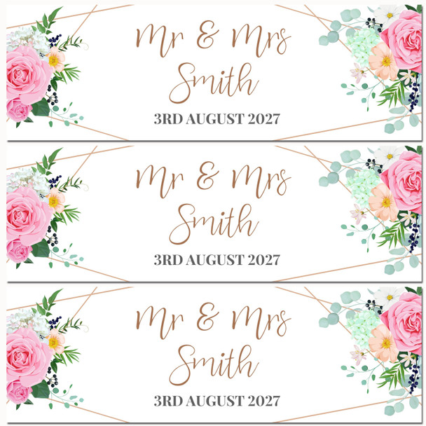 Personalised Party Banner For Wedding Day Flowers Pink Gold