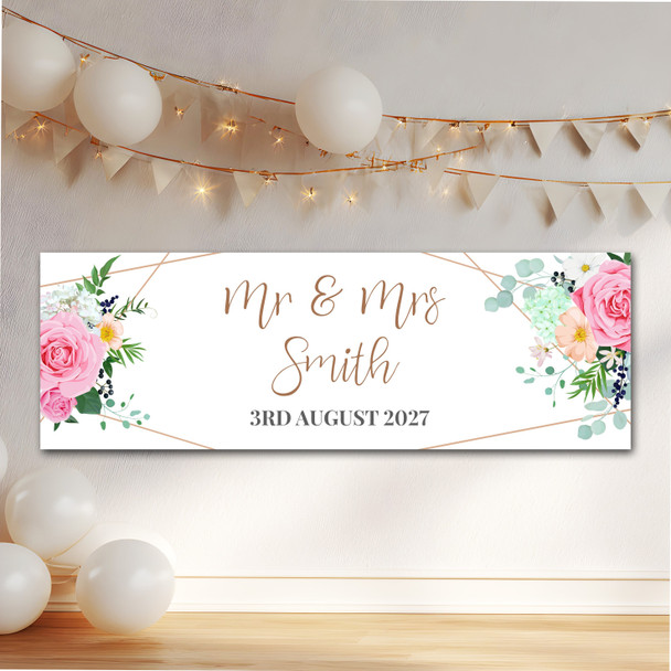 Personalised Party Banner For Wedding Day Flowers Pink Gold