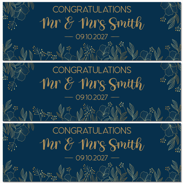 Personalised Party Banner For Wedding Day Gold Blue Line Flowers