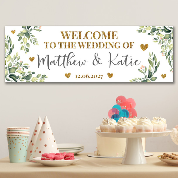 Personalised Party Banner For Wedding Day Welcome Foliage Gold Silver Glitter
