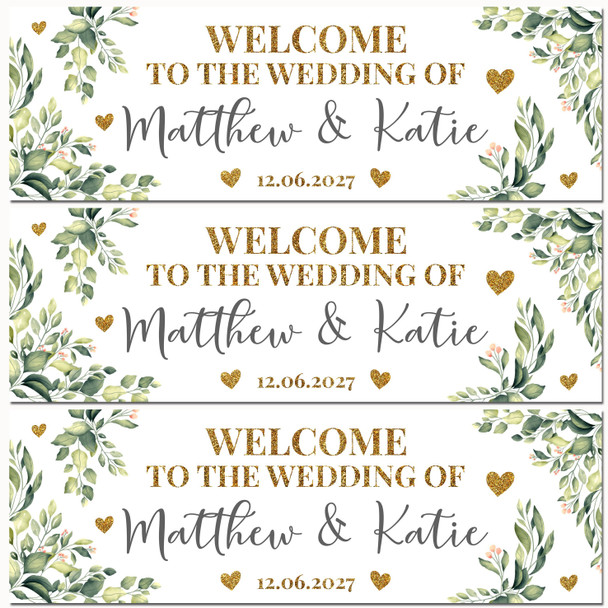 Personalised Party Banner For Wedding Day Welcome Foliage Gold Silver Glitter