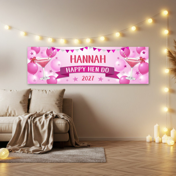 Personalised Party Banner For Hen Do Female Cocktail Pink Balloons